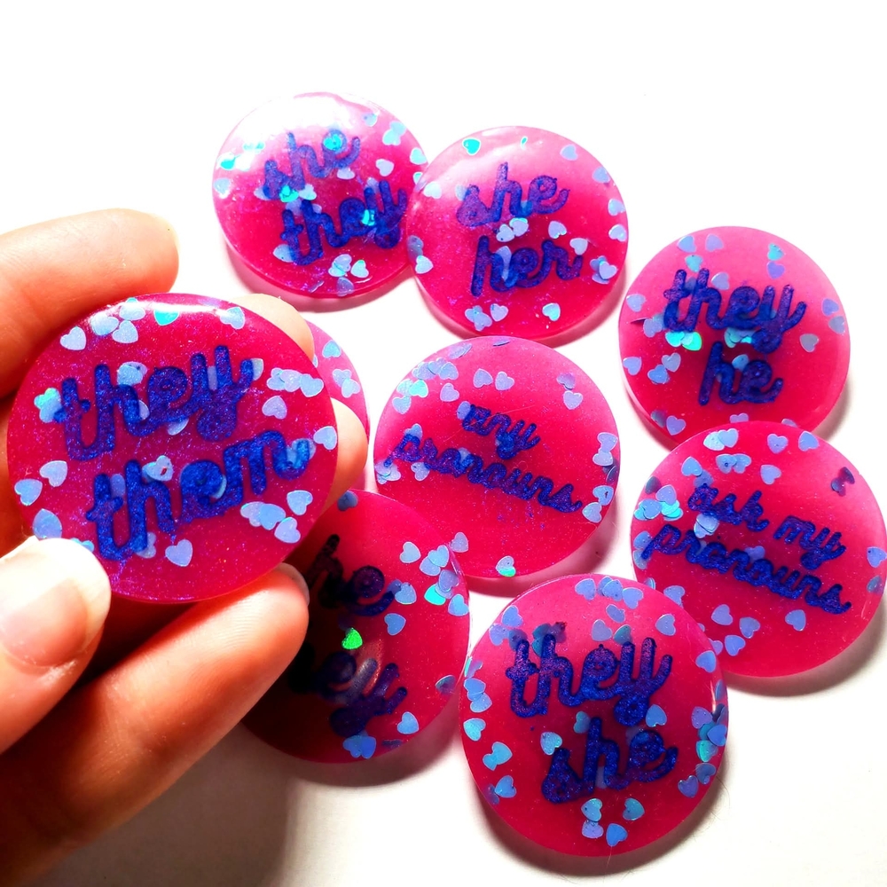 Handmade Pink Glitter Resin Pins with Blue Script